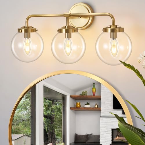 Image of Bathroom Vanity Light Fixtures Over Mirror, Modern Matte 3 Lights Wall Sconce Lighting with Transparent Glass Ball Shade, Mid Century Farmhouse Vanity Lights (Gold)