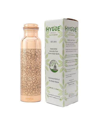 HYGGE Copper Water Bottle for Drinking, 34oz Engraved Pure Copper Water Bottle, Travel Water Bottle for Gym Office, Hiking