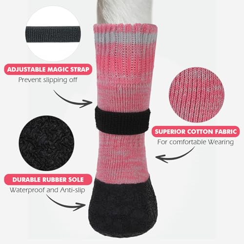 Image of Mihachi Anti Slip Dog Socks, Dog Boots for Hardwood Floors Prevent Licking, Traction Control Waterproof Rubber Sole Paw Protectors for Small Medium Large Dogs, Pink Large