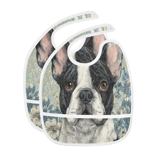 MCHIVER Flower Blue Dog Baby Bibs for Boy Girl Toddler Waterproof Feeding Bib Apron with Food Cather Adjustable Cotton Food Eating Bib 2 Pack