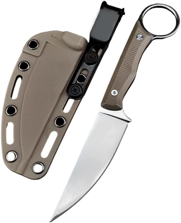 7.8" Outdoor Fixed Blade Knife,Full Tang 8Cr13Mov Mirror Finish Steel,Non-Slip Handle with Grip Ring,Gift Secure Kydex Sheath for Camping, EDC, Fishing (Desert Handle)