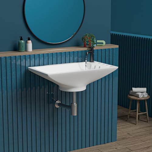 Image of REMOTION Ceramic Wall Hung Corner Wash Basin for Bathroom | Wall Mounted Corner Sink for Small Bathrooms & Powder Rooms | Space-Saving, Durable & Stylish Design (16 x 9 x 5 Inch)