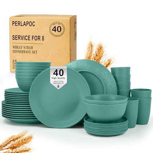 Perlapoc Wheat Straw Dinnerware Sets 40 PCS Unbreakable Dishes Set for Kitchen, Outdoor, Camping Dishes Plates and Bowls Sets with Cups, Dessert Plates, Dishwasher & Microwave Safe - Green
