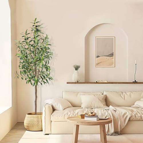 Artificial Olive Tree, 6FT Tall Faux Olive Trees 72in Outdoor Fake Potted Silk Plant with Trunk and Realistic 648 Leaves and 24 Fruits for Modern Office Home Decor Indoor（1pack）