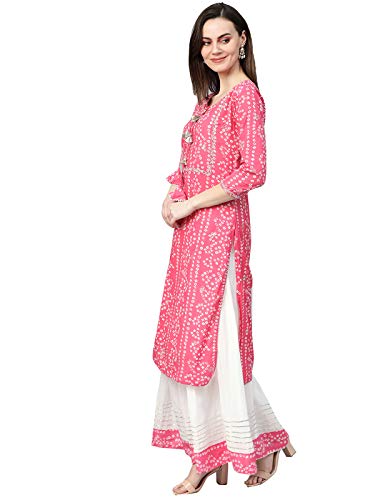 Image of Ishin Women's Pure Cotton Pink & White Embroidered & Gotta Patti A-Line Kurta suit set with Skirt