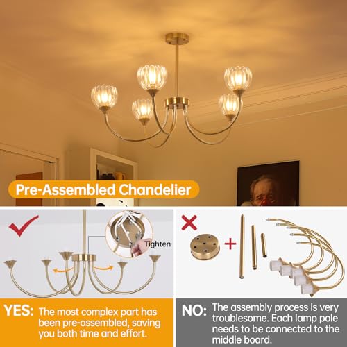 Image of Shenmoyl 30.31 inch Brass Gold 5-Light Chandelier, 5-Arm Clear Tulip Glass Pendant Light Fixture, Height Adjustable Vintage Branch Chandelier for Dining Room Living Room Kitchen Island Farmhouse