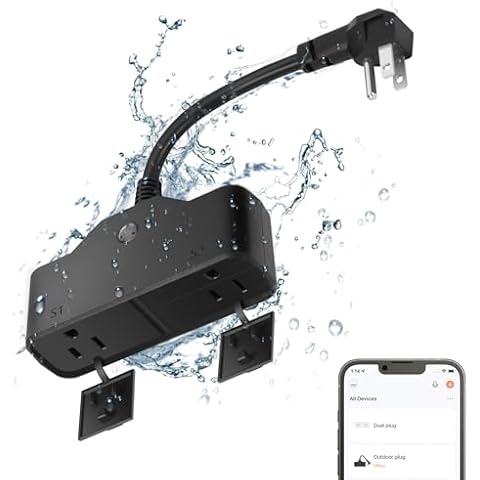 Outdoor Smart Plug, Waterproof Wi-Fi Outlet with 2 Sockets, Wireless Remote Control, 15A Heavy Duty Outdoor WiFi Plug Compatible with Alexa and Google Home, Timer for String Light, 2.4 GHZ Only, Black Cover