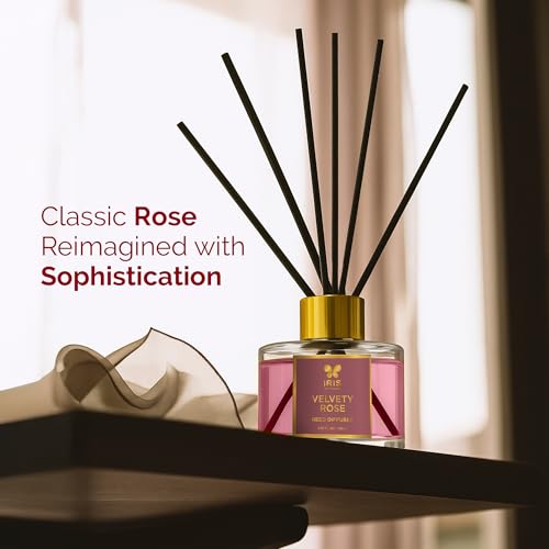 Image of IRIS Aroma Reed Diffuser - 100ml | Elegant Home Fragrance with 6 Fiber Reeds, Glass Round Bottle with Gold Cap | Aroma Diffuser for Cozy Decor & Gifting (Velvety Rose)