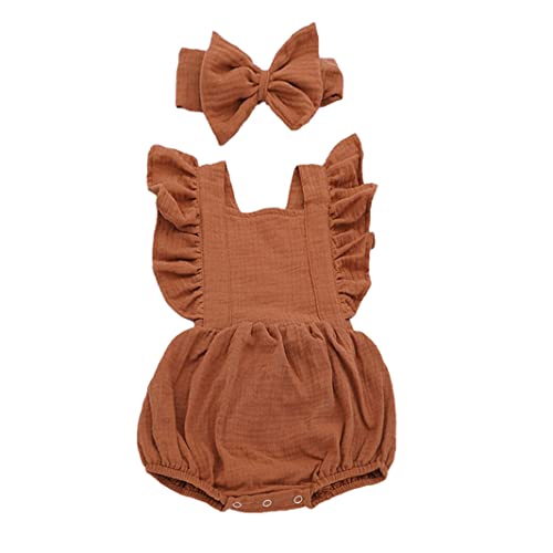 Image of HDLEXD Newborn Baby Girls Cotton Linen Romper Set Ruffle Sleeveless Bodysuits Jumpsuit Summer Clothes with Headband