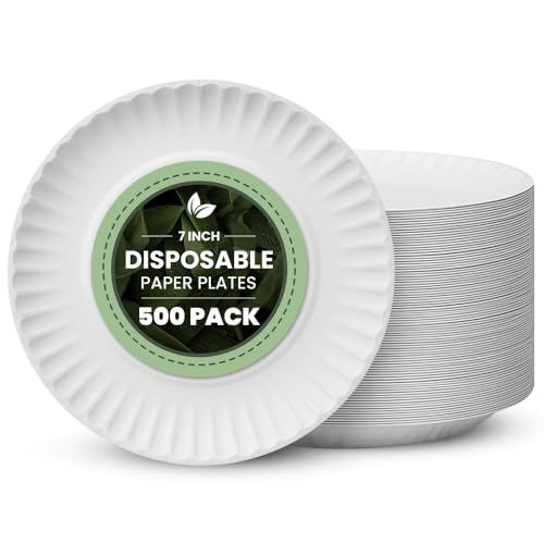 Vivo Technologies 500-Pack of 7-inch Disposable Paper Plates 18cm White 100% Compostable Biodegradable Party Paper Plate Perfect for Everyday use Ideal for BBQs Parties and Events
