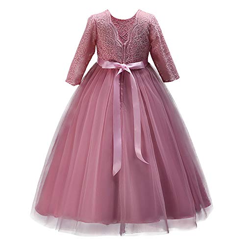 Girls Long Lace Bridesmaid Dress 3/4 Sleeves Floor Length Maxi Tulle Pageant Ball Gowns Wedding Party Dresses for Kids3