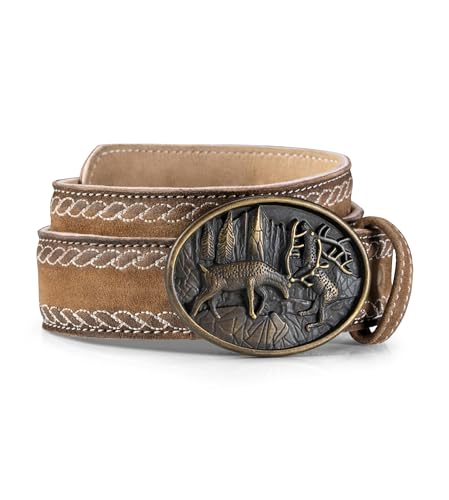 Schöneberger Trachten Couture Trachtengürtel, handgefertigter Lederhosen Gürtel mit Hirsch Schnalle und Stickereien, Ledergürtel Sebastian (braun,54-56)