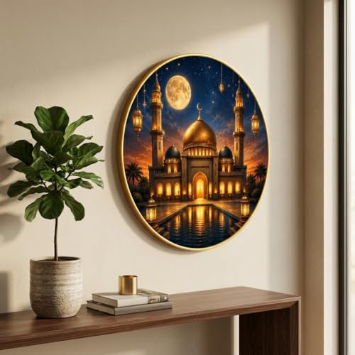 Image of SAF Islamic Mosque Moon Round Wall Painting with Premium PVC Golden Frame, Golden Dome Lantern Night Art, Muslim Home Decor for Prayer Room Living Room (23 x 23 Inch) GR-433