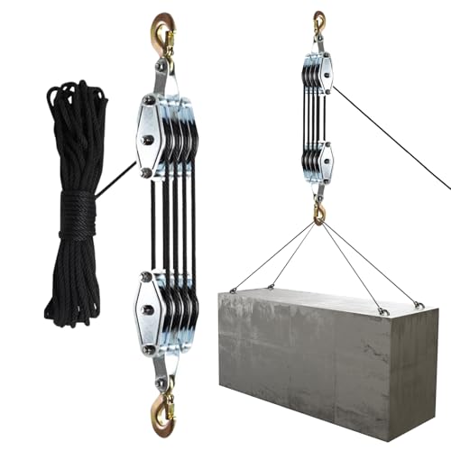 Flaschenzug mit Seilbremse, 8:1 Hubkraft & 4400LBS Bruchfestigkeit Schwerlast Seilzug Flaschenzugsystem mit Metalllager & 20 m Seil für Garage, Lager, Bau, Jagd und Outdoor-Heben