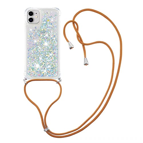 Nadoli Coque avec Cordon de Collier pour iPhone 13 Mini,Transparente Paillettes Liquide Silicone TPU Dragonne Bandoulière Coque Étui Housse avec Cordon Réglable Cover
