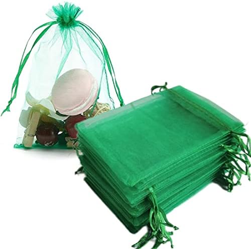 Jwenic 100 Count Gift Organza Bags 5x7 Green Inch Drawstring Rope Sheer Fabric Travel Storage Containers Gauze Bride Pouch for Jewelry Confetti Baby Shower Ornaments Christmas Party Favors Wedding Man