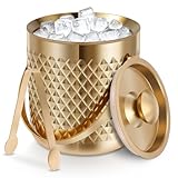Double Wall Insulated Ice Bucket, 2 L, Diamond-Shaped Exterior Design, Insulated Ice Bucket with Lid and Tongs, Keep Ice Frozen Longer for Cocktail Bar, Parties Chilling Beer Champagne (Gold)