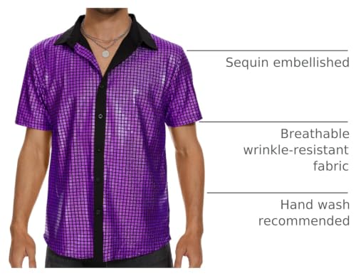Image of Zando Men's Sequin 70s 80s Disco Shirt - Retro Short Sleeve Button Up Costume Halloween New Year Party Outfit Top & Clubwear