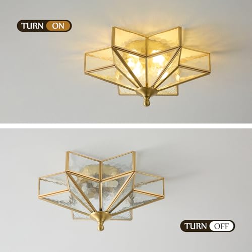 Image of Star Brass Ceiling Light - 12.2 In Small Gold Hammered Glass Flush Mount