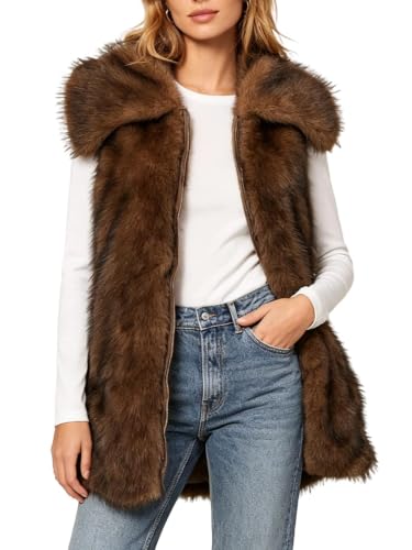 Image of Amazhiyu Womens Faux Fur Gilet-Winter Sleeveless Zipper Fluffy Waistcoats with Pocket Brown XL