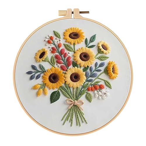 Sunflower Embroidery Kit for Beginners - All in One DIY Cross Stitch Starter with Hoop Pre-Printed Fabric Embroidery Threads Needles Perfect Craft Gift for & Home Decor