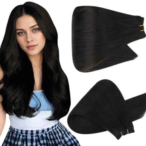 Image of Full Shine Weft Hair Extensions Human Hair, 24 Inch 130G, Color Off Black | Invisible Sew In Extensions, Machine Tied Straight Weft, Straight Hair Bundles, Women Daily Styling