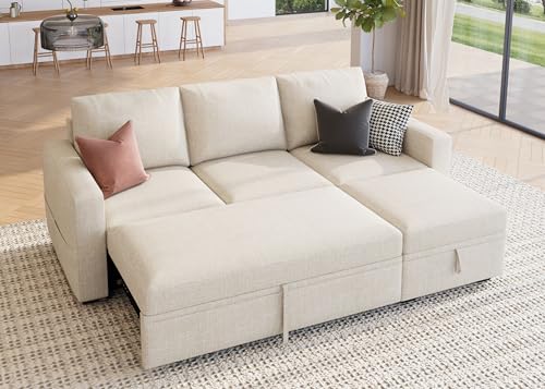 Image of HONBAY Modular Sectional Sleeper Sofa with Pull Out Bed, L Shaped Couch with Storage Seat, Modular Sectional Couches for Living Room - Beige