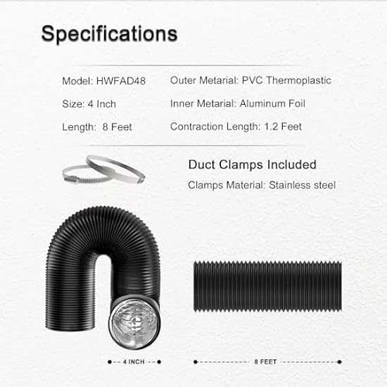 Tubo Flessibile Per Ventilazione 4 Pollici X 8 Piedi - Canalizzazione In Alluminio Per Asciugatrice, Cappa Cucina, HVAC