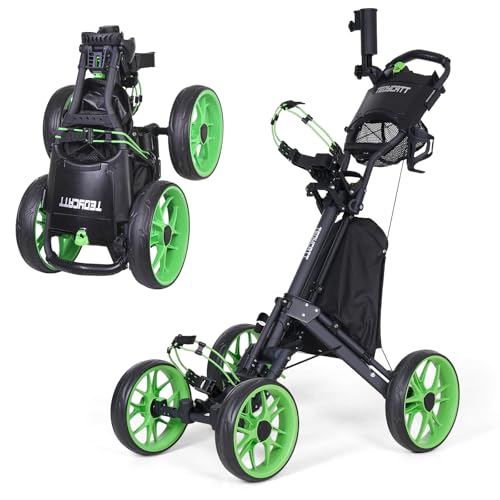 Tedycatt 4 Wheels Golf Pull Cart, Upright Light Quad Golf Roller Cart with Foot Brake, Quick Fold with Cup, Phone & Umbrella Holder, Cooler Bag, Lime Green