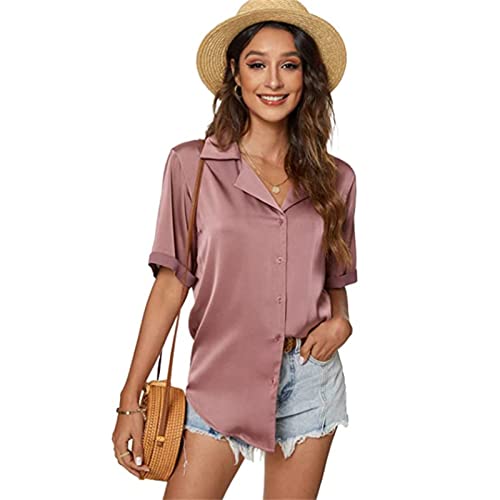 WINDEHAO Chemisier d'été en satin pour femme, chemise décontractée à manches courtes, col ample Cover