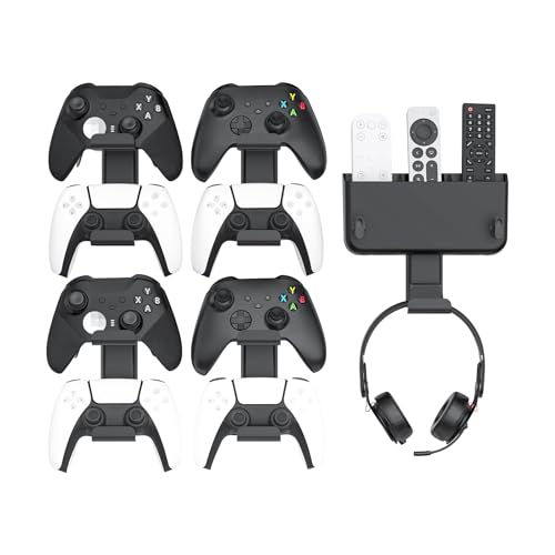 Image of Controller & Headset & Remote Holder Wall Mount with No Drill, 4 Packs Gaming 8 Controllers Hanger Hook Mount for PS5 /PS4 /XBOX /Switch, Headphone Stand & Remote Control Holer Wall Shelf with Adhesives