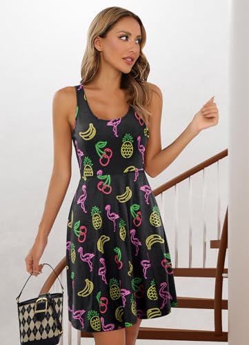 Image of uideazone Women Funny Print Sleeveless U Neck A Line Casual Midi Dress | Soft Stretchy Breathable Fabric Flared Swing Sundress Fitted Waist for Daily Wear 80 /90s Themed Party Beach Vacation Trips