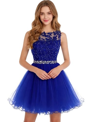 Image of Dydsz Women's Lace Applique Short Prom Dress A Line Tulle Homecoming Dresses Beaded Mini Graduation Party Dress