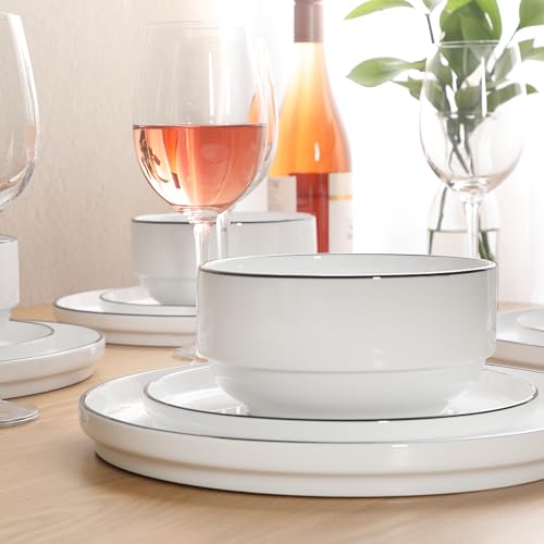 Image of Gibson Home Rothernberg Plates and Bowls 18 Piece Porcelain White Dinnerware Set W /Black Rim | Stackable Dishes | Microwave & Dishwasher Safe