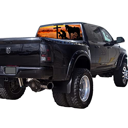 GRAPHIX EXPRESS Cowboy Praying Back Window Graphics - Universal See Through Vinyl Wrap - Full Decals for Truck Rear Window (P50)