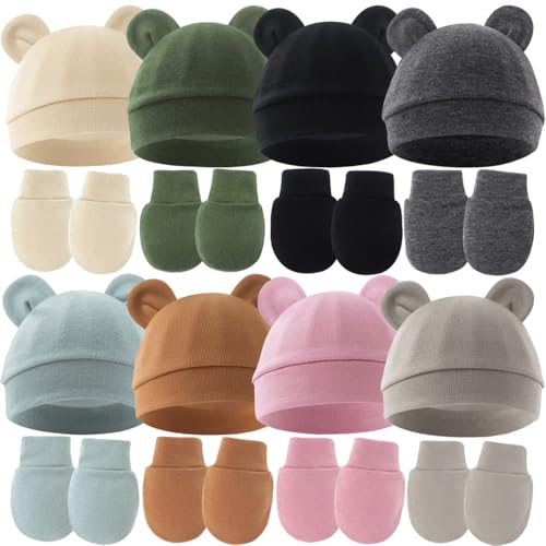 Custom Embroidery Baby Hats with Name,Personalized Baby Hats and Mittens,Infant Newborn Cotton Beanie Gloves No Scratch Set3