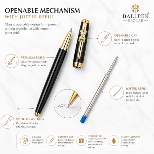 Image of Pen Paradise Metallic Glossy Black Ball Pen with Gold Ashoka Emblem Clip | Openable Cap Metal Executive | Black Ink Smooth Writing | Premium Office Signature Gift Pen | Pack of 1