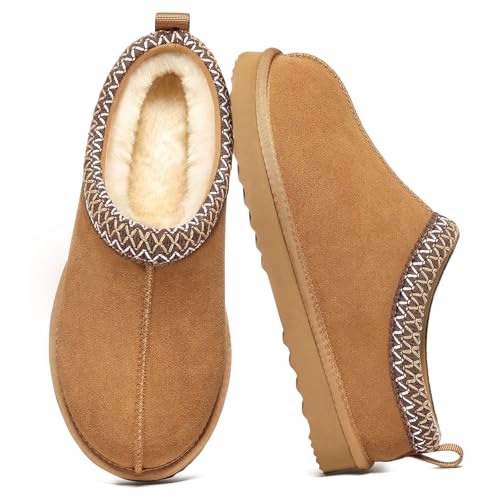 Litfun Women's Genuine Suede Fuzzy Slippers Fluffy Warm Winter Shoes Cozy Furry House Mini Boots for Indoor and Outdoor, Chestnut EU 39