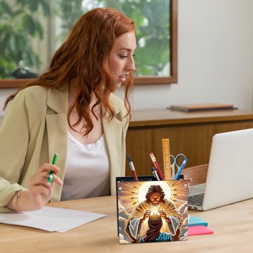 Image of DIY 5D Diamond Painting Pen Holder - Christian Religious Scene Pencil Holder for Spiritual Decor, Decorative Diamond Art Organizer for School, Office, and Home
