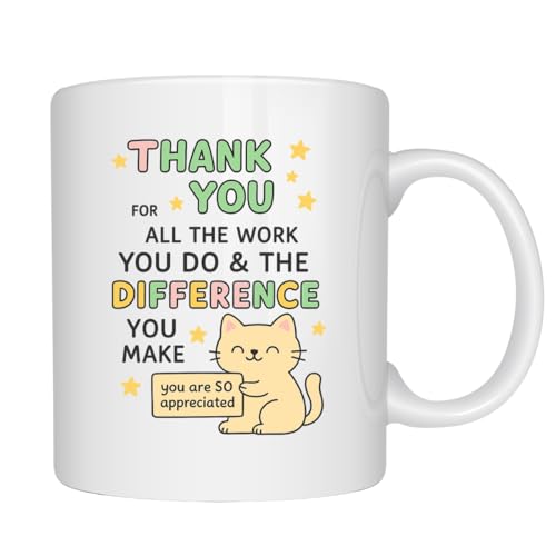 EZCLASSY-Thank You Mug for Coworker – Cute Cat Appreciation Gift, Teacher Staff Recognition Present, Motivational Positive Quote Coffee Cup, 11oz Ceramic Mug for Work Office