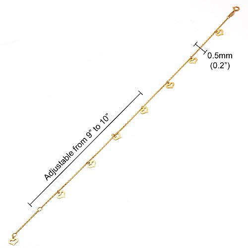 Lovebling 10K Yellow Gold .50Mm Diamond Cut Rolo Chain With 8 Heart Pendants Anklet Adjustable 9" To 10" (#12) #TOP5
