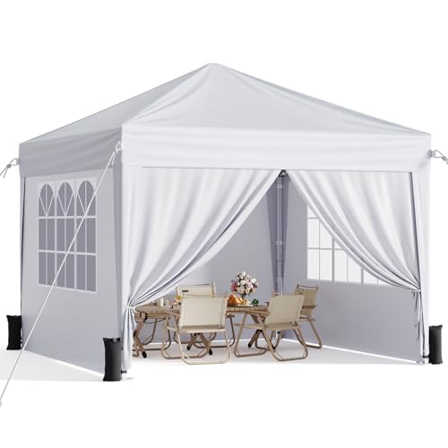 Vinabilia 10x10 Pop Up Canopy with Sidewalls, Instant Portable Canopy Tent with Carry Bag for Commercial Events, Camping, Parties - White