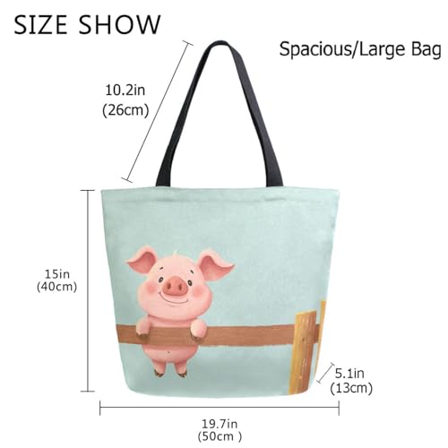 Cute Pig Hanging on Fence Green Extra Large Canvas Gym Shoulder Tote,Durable Daily Reusable Top Handle Bag for Mens Womens Yoga Weekender Picnic Beach Travel Market Shopping3