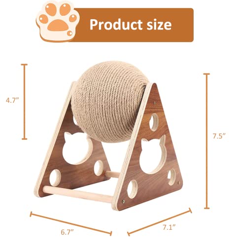 ZHAOXIAN Cat Scratcher Toy, Natural Sisal Cat Scratching Ball, Cat Scratcher Toy with Ball, Scratching Ball for Cats and Kittens, Interactive Solid Wood Scratcher Pet Toy, Diameter 4.7 Inches