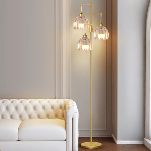 Image of ZECOXOL Gold Floor Lamps for Living Room 3 Lights Floor Lamp with Glass Lampshape & Three Led Bulb,Mid Century Standing Lamp