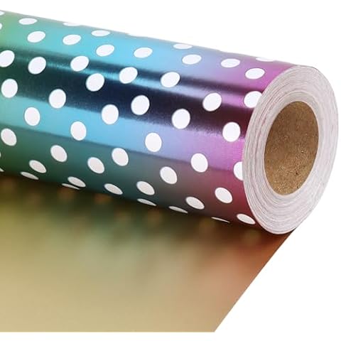 LaRibbons Reversible Gift Foil Wrapping Paper, with Gold Twine String, White Polka Dots on Rainbow & Solid Brown Design for Birthday, Baby Shower, Party Celebration, 17 Inch X 40 Feet (56.6sq.ft.ttl.) Cover