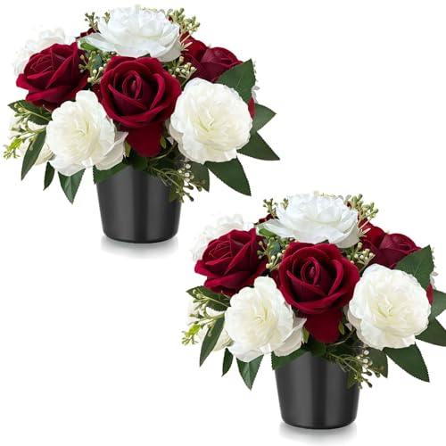 Tosoda 2 Pack Artificial Grave Flowers in Pots Artificial Roses Arrangements for Cemetery Blue Yellow Red Purple Colors Roses Arrangements for Choose