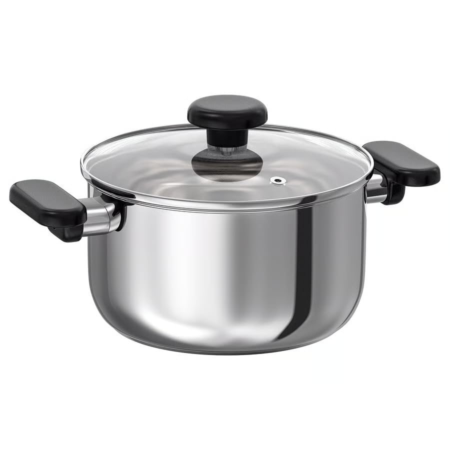 Image of MIDDAGSMAT Stainless Steel Pot with Glass Lid, 3 L, Induction Compatible, Dishwasher-Safe, Steam Vent, Stackable Design, Fast Heating Base