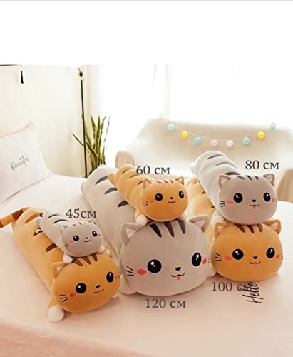 Image of Tickles Cat Soft Stuffed Plush Bolster Pillow Toy for Kids Birthday Gift (Size: 80 cm; Color: Brown)