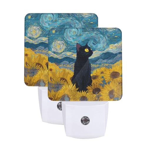 Image of Black Cat Night Light Set of 2, Retro Sunflowers Auto Sensor LED Dusk-to-Dawn Nightlights, Plug-in Sensor Lamp for Bedroom Bathroom Kitchen Hallway Stairs Decorative